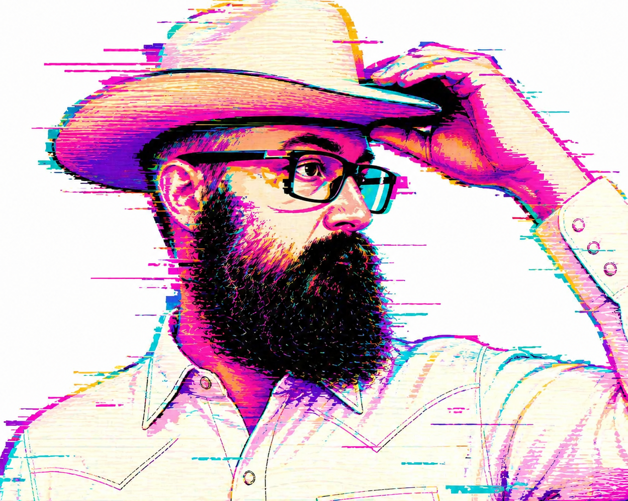 Glitch portrait of jonCates wearing glasses and a cowboy hat